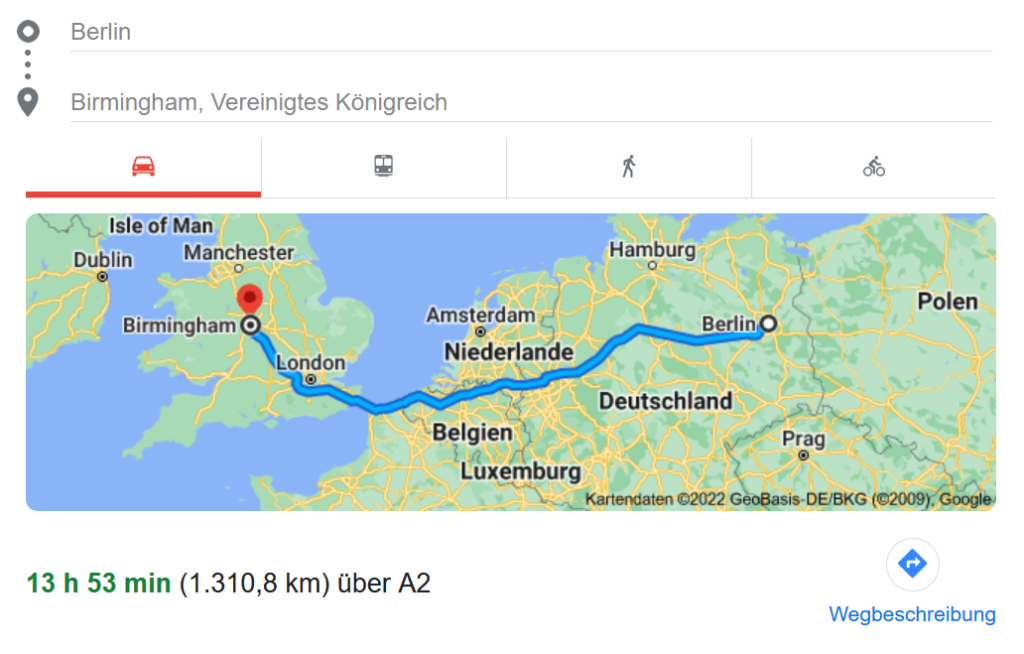 Strecke Berlin bis Birmingham in google Maps