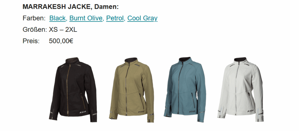 Klim Marrakesh Jacke kommt für Damen in 4 verschiedenen Farben.
