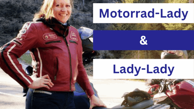 3-High-Heels-Kolumne Motorrad Lady und Lady Lady. Jede Motorradfahrerin kann alles sein. SHE is a RIDER