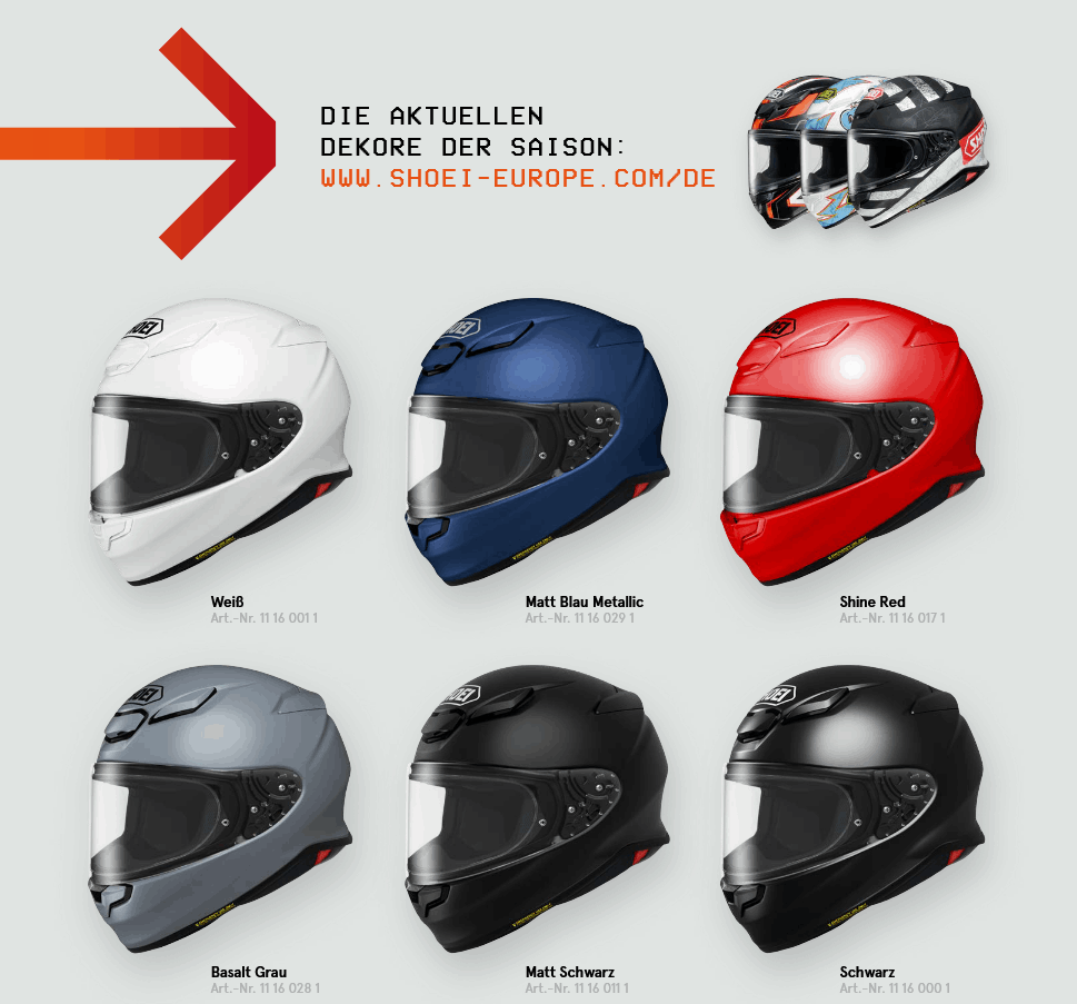 Der Shoei NXR2 in vielen Farben und Dekoren.