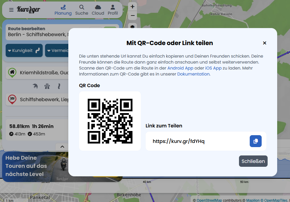 Link zum Teilen der Motorradtour
