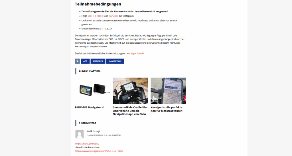 Link nach Routenplanung an SHE is a RIDER senden