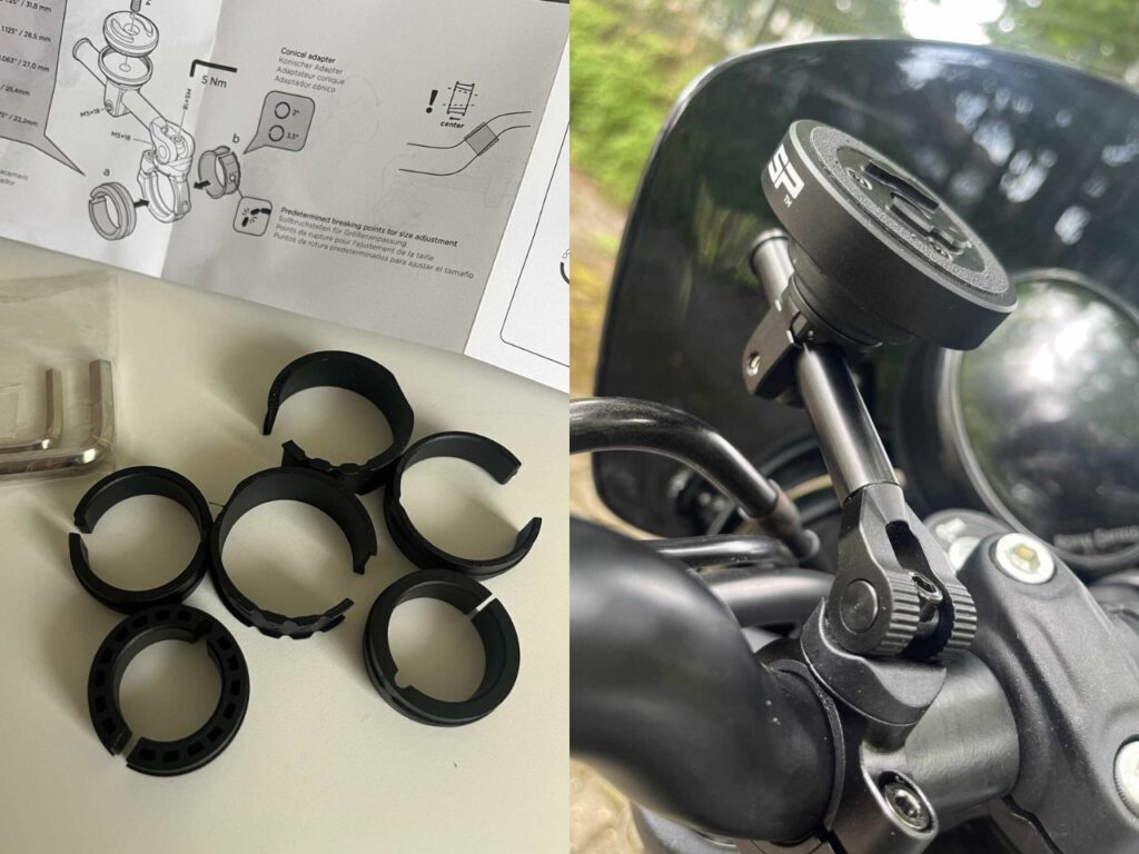 Lieferumfang Moto Mount 3D und montiert am Lenker.